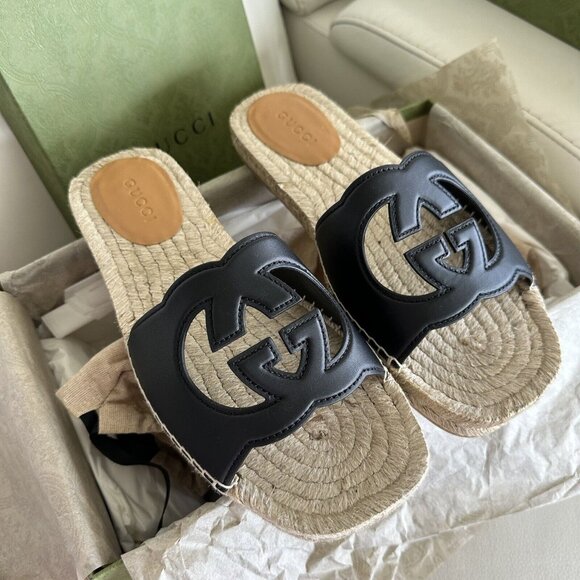 NEW Gucci Interlocking G Cut Out Leather Slides Espadrilles sz 10 Men’s Sandals - Picture 3 of 12